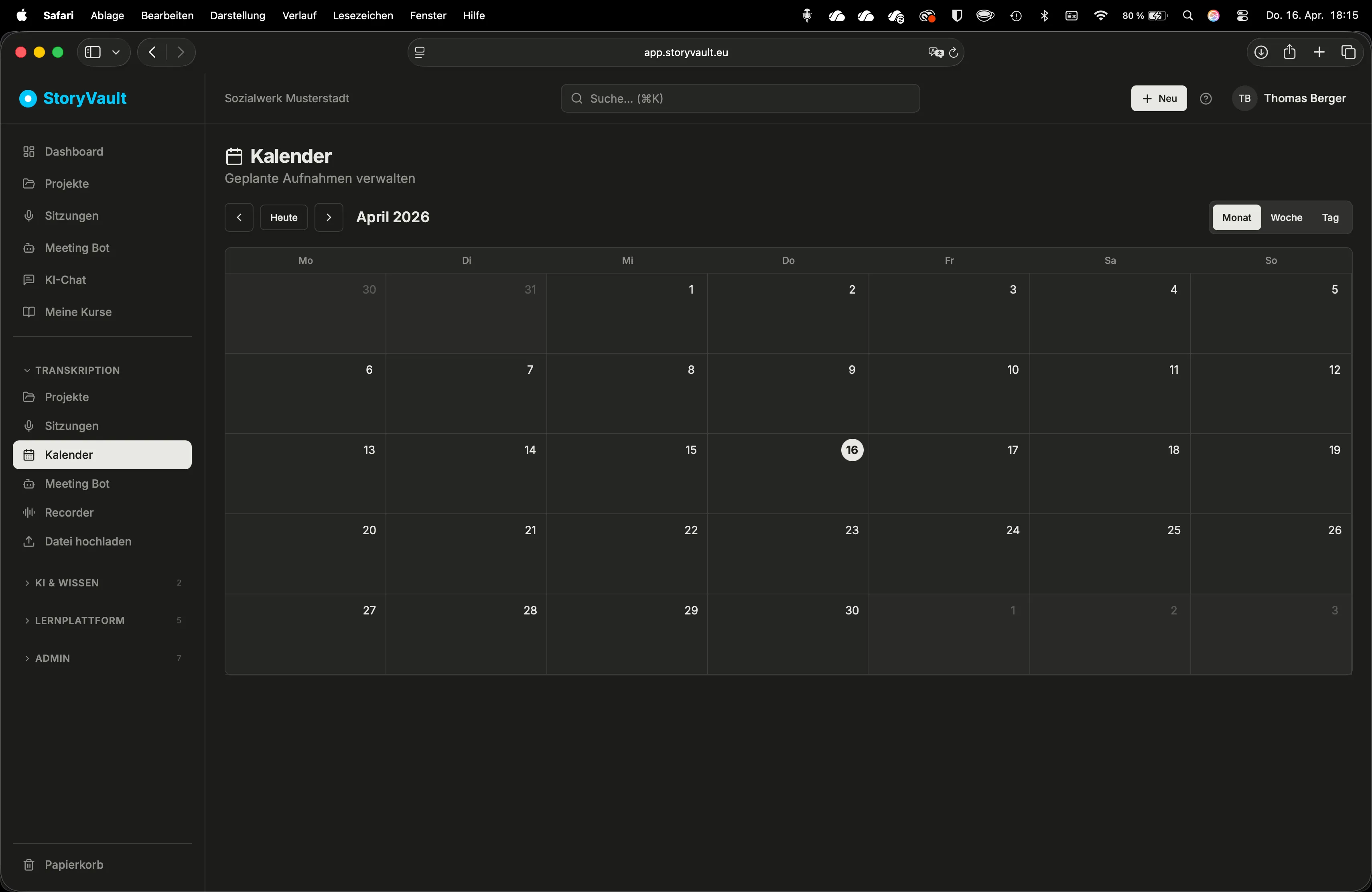 Kalender: Monatsansicht geplanter Aufnahmen