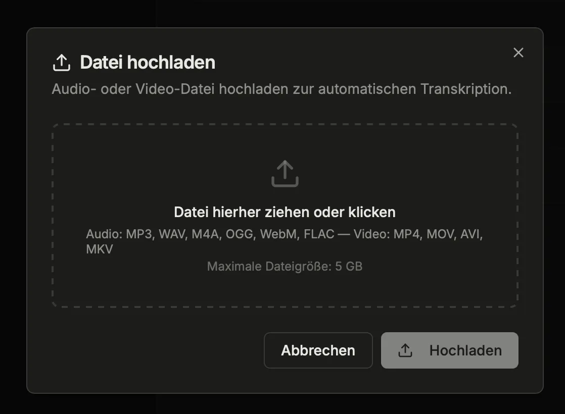 Upload-Dialog: Audio/Video-Datei per Drag & Drop hochladen