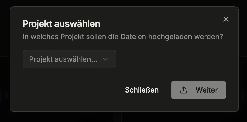 Projekt auswählen für die hochgeladene Datei