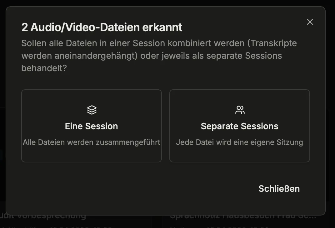 Mehrere Dateien erkannt: Eine Session oder separate Sitzungen