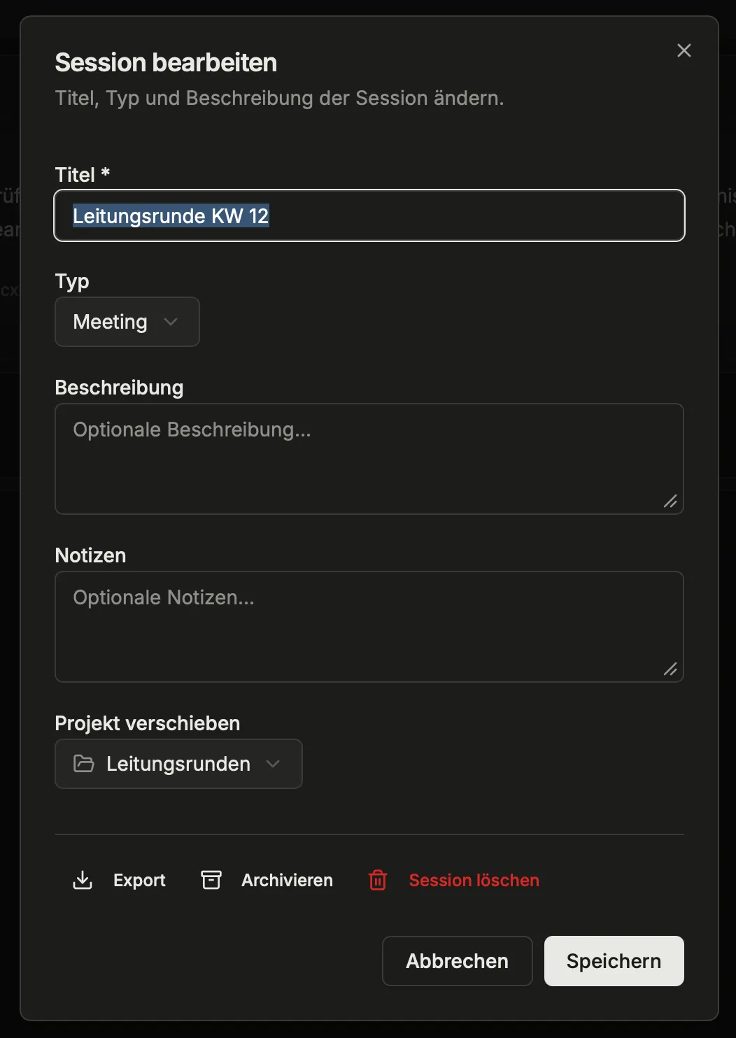 Sitzung bearbeiten: Titel, Typ, Beschreibung, Projekt