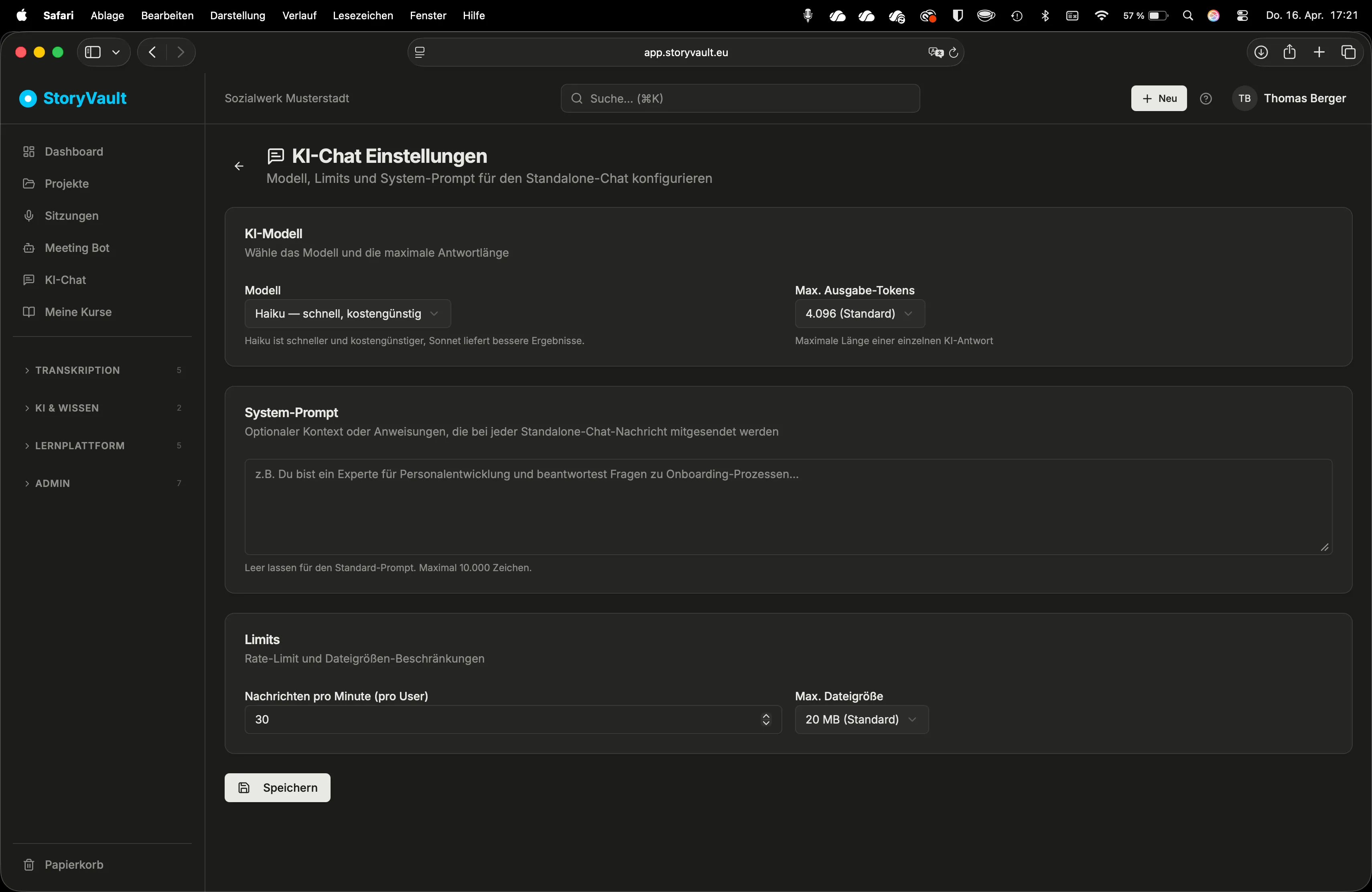 KI-Chat konfigurieren: Modell, Tokens, Rate-Limit