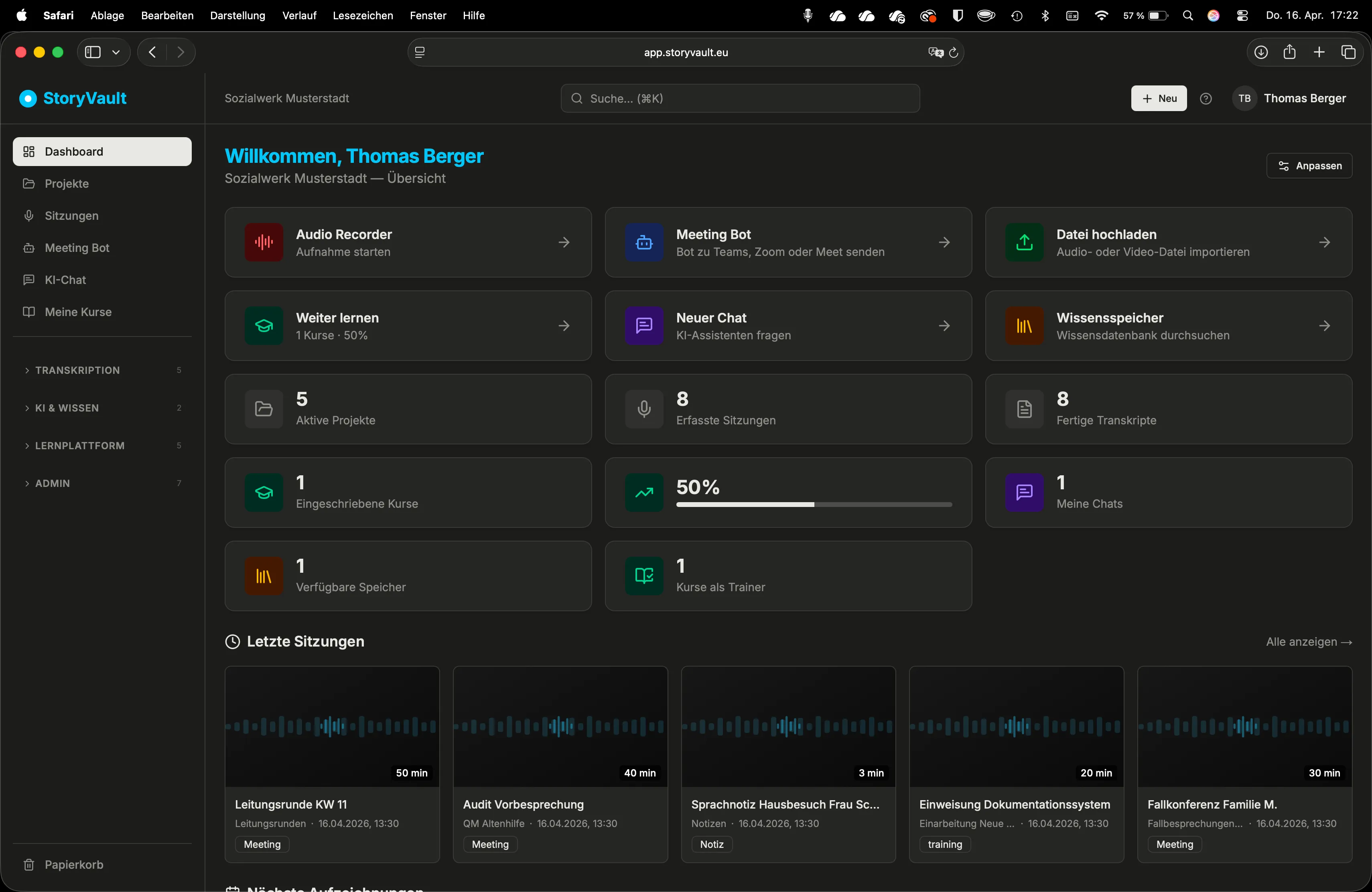 Dashboard-Übersicht mit Aktionskarten und Statistiken