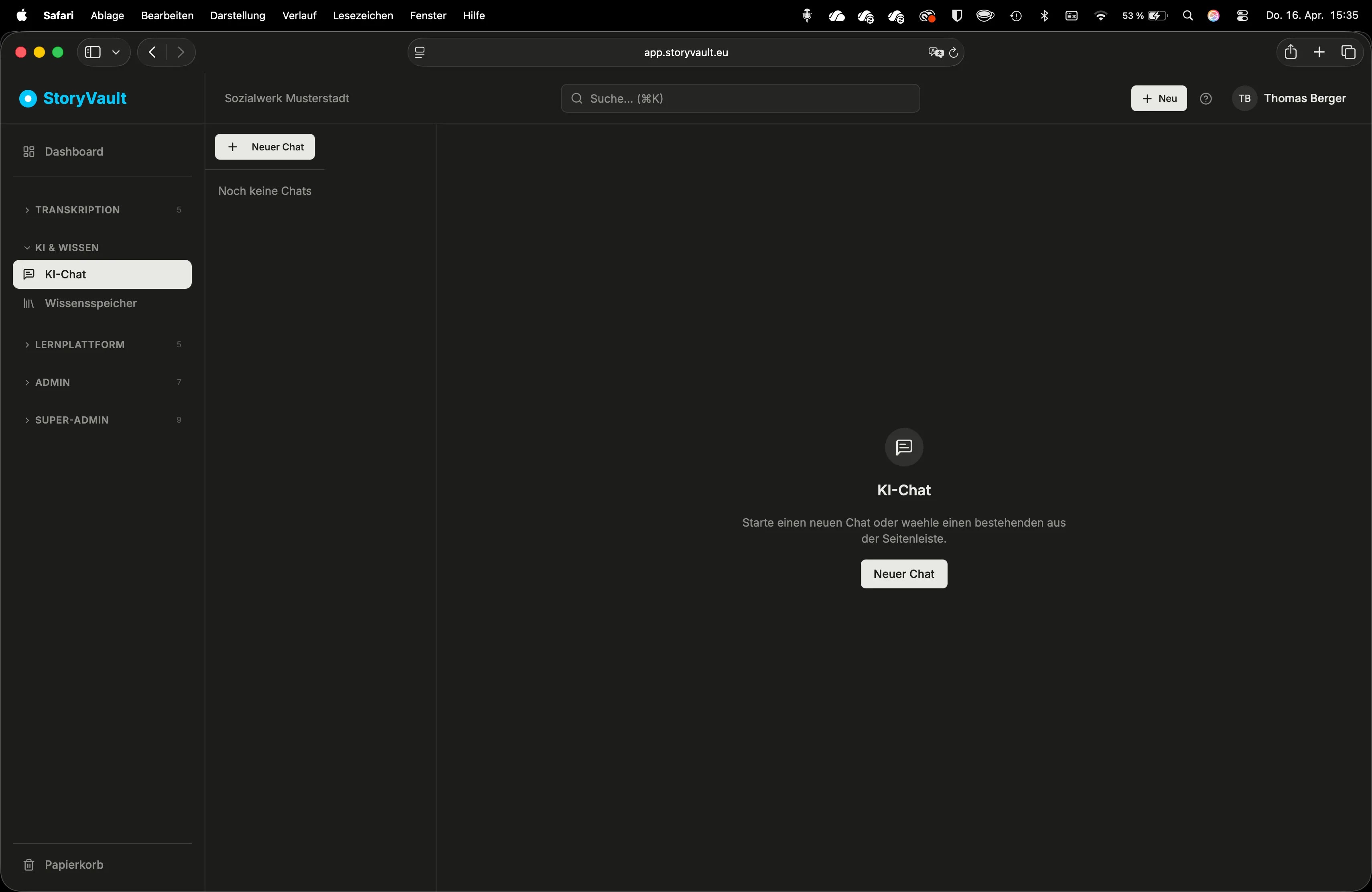 Standalone-Chat: Sidebar mit Chat-Liste und Gesprächsfenster rechts