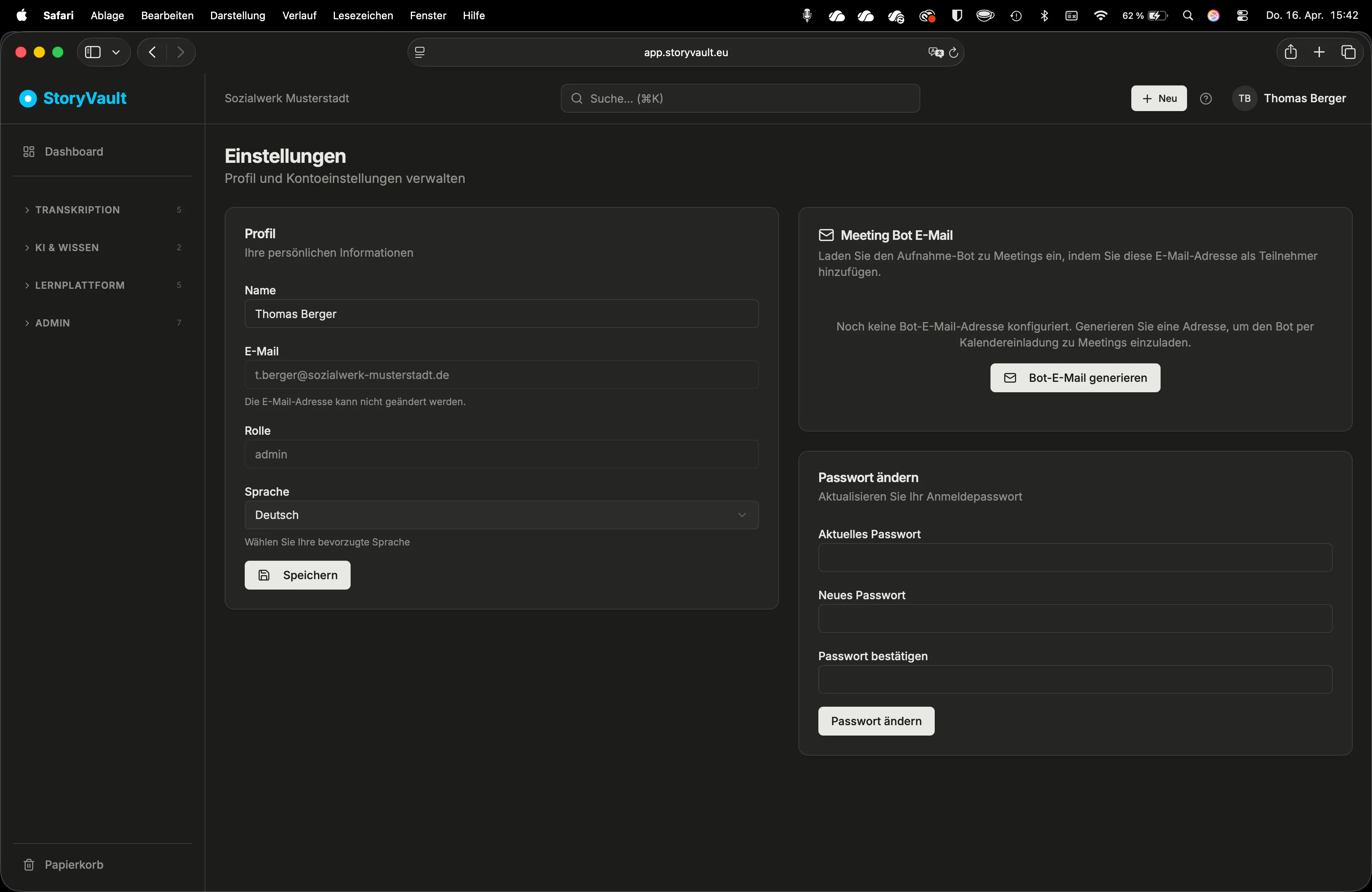 Einstellungen: Profil, Sprache, Passwort und Bot-E-Mail