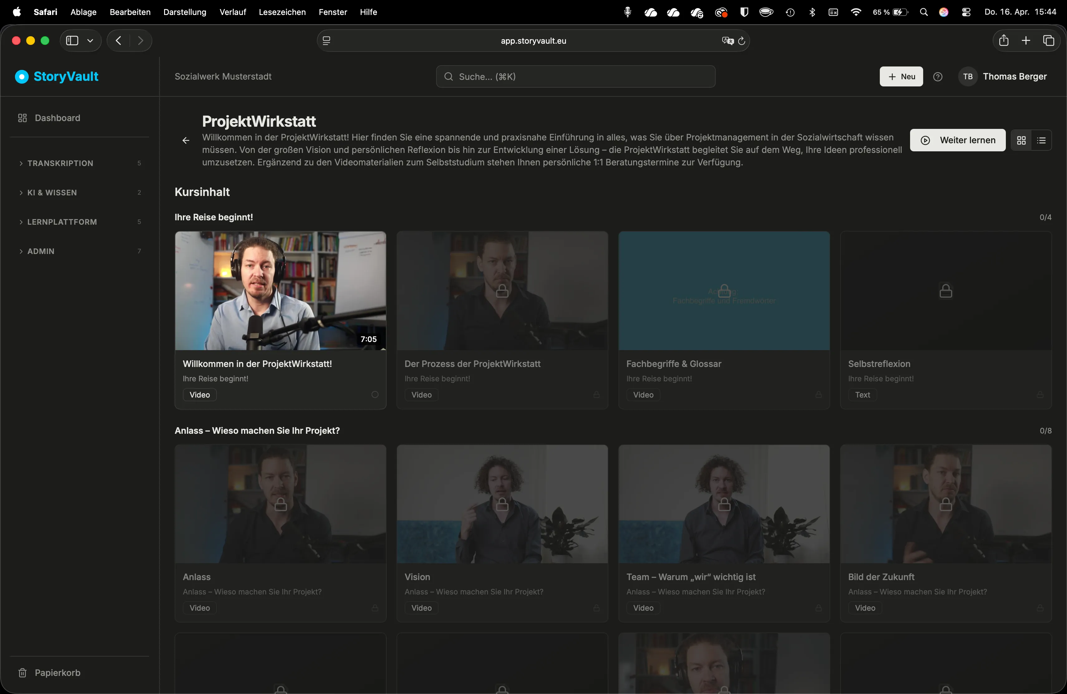 Kursinhalt: Lektionen als Karten mit Video-Vorschau
