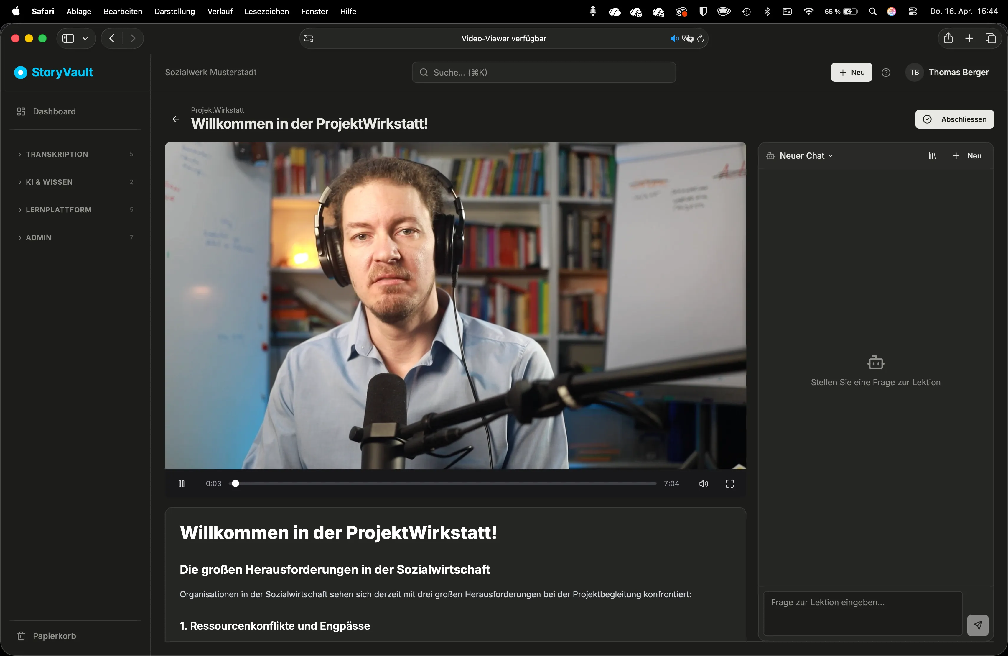 Lektion: Video-Player, Textinhalt und KI-Chat