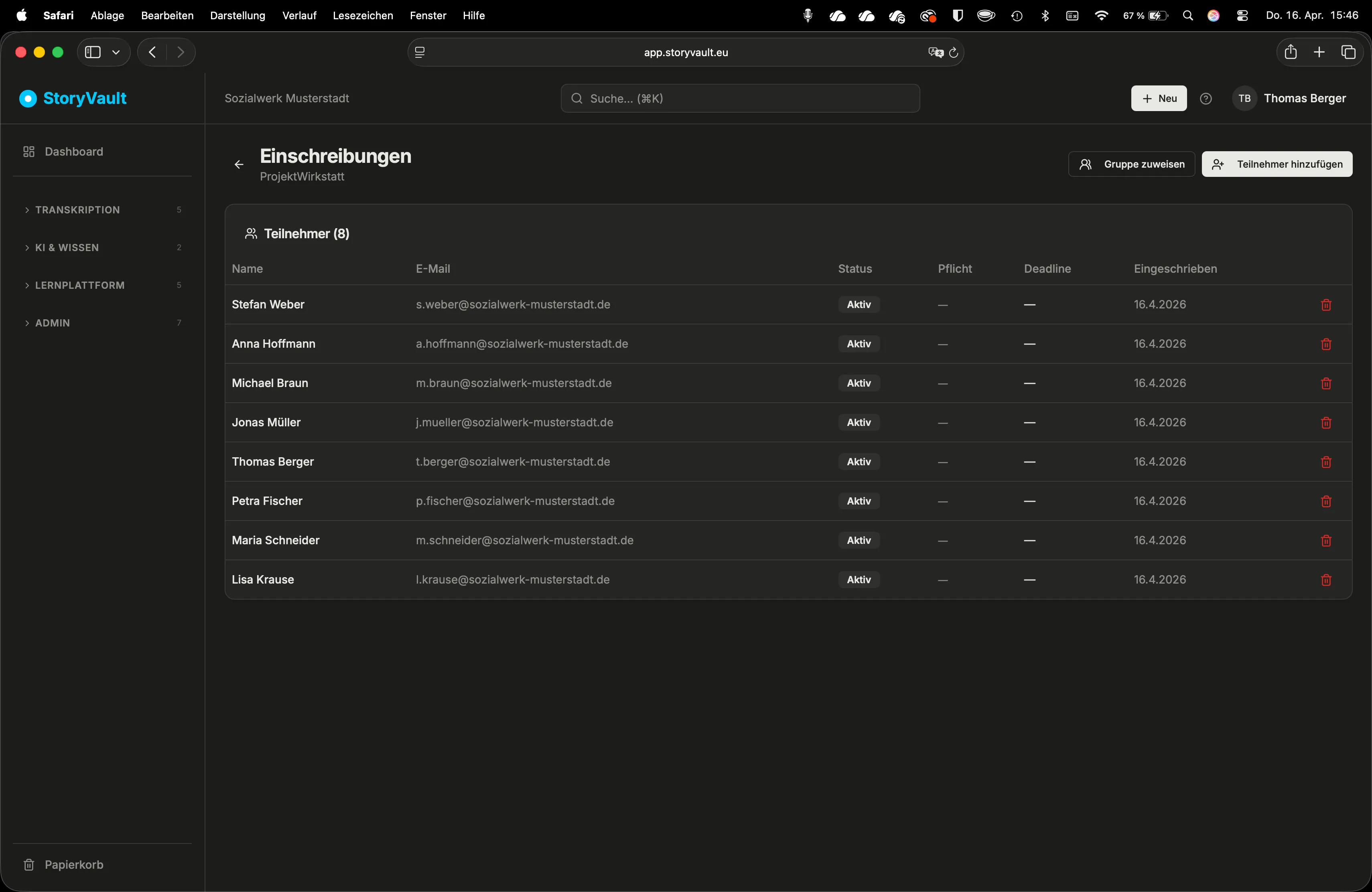 8 Teilnehmer eingeschrieben mit Status und Datum