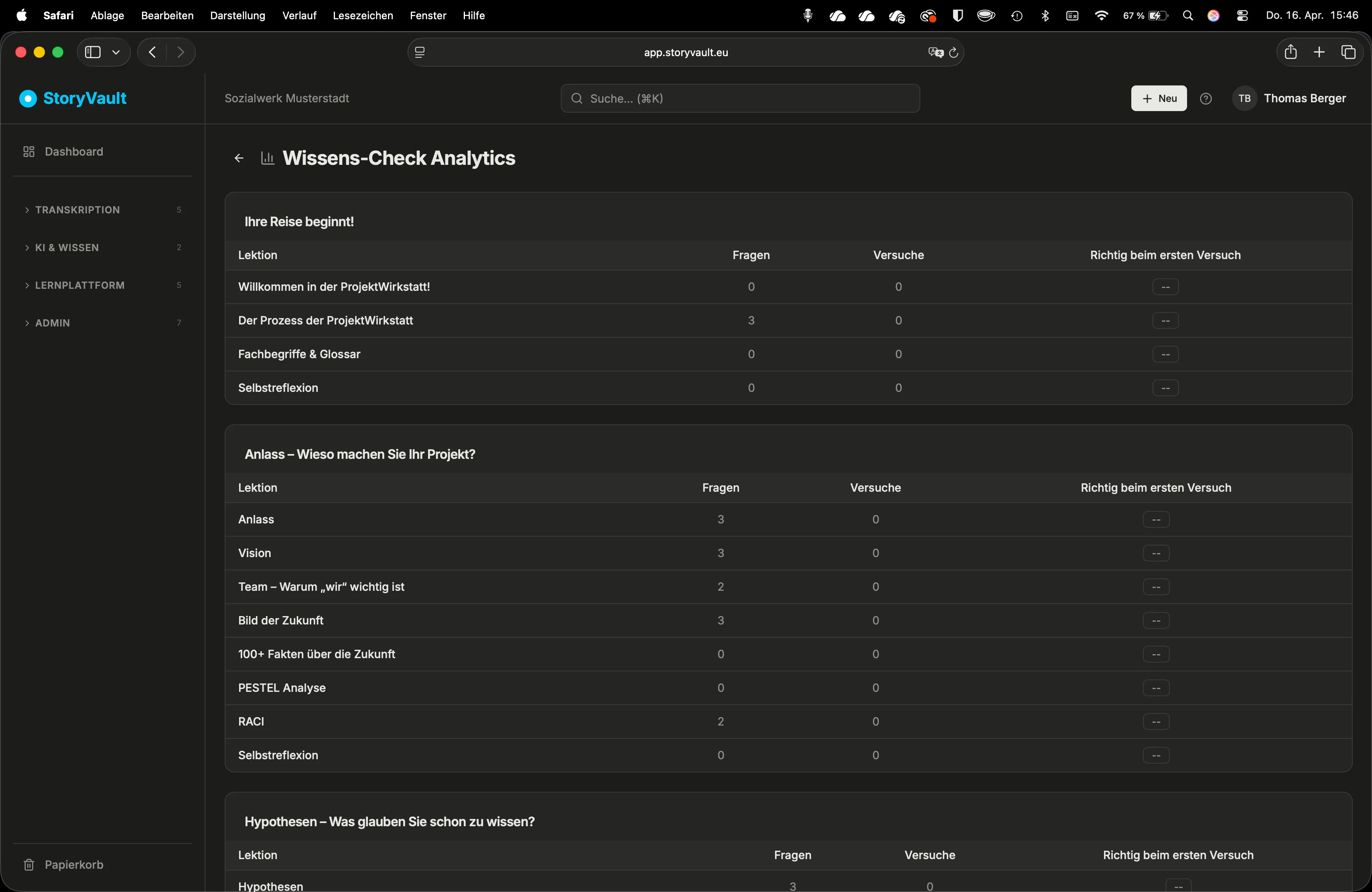 Wissens-Check Analytics: Statistiken pro Modul und Lektion