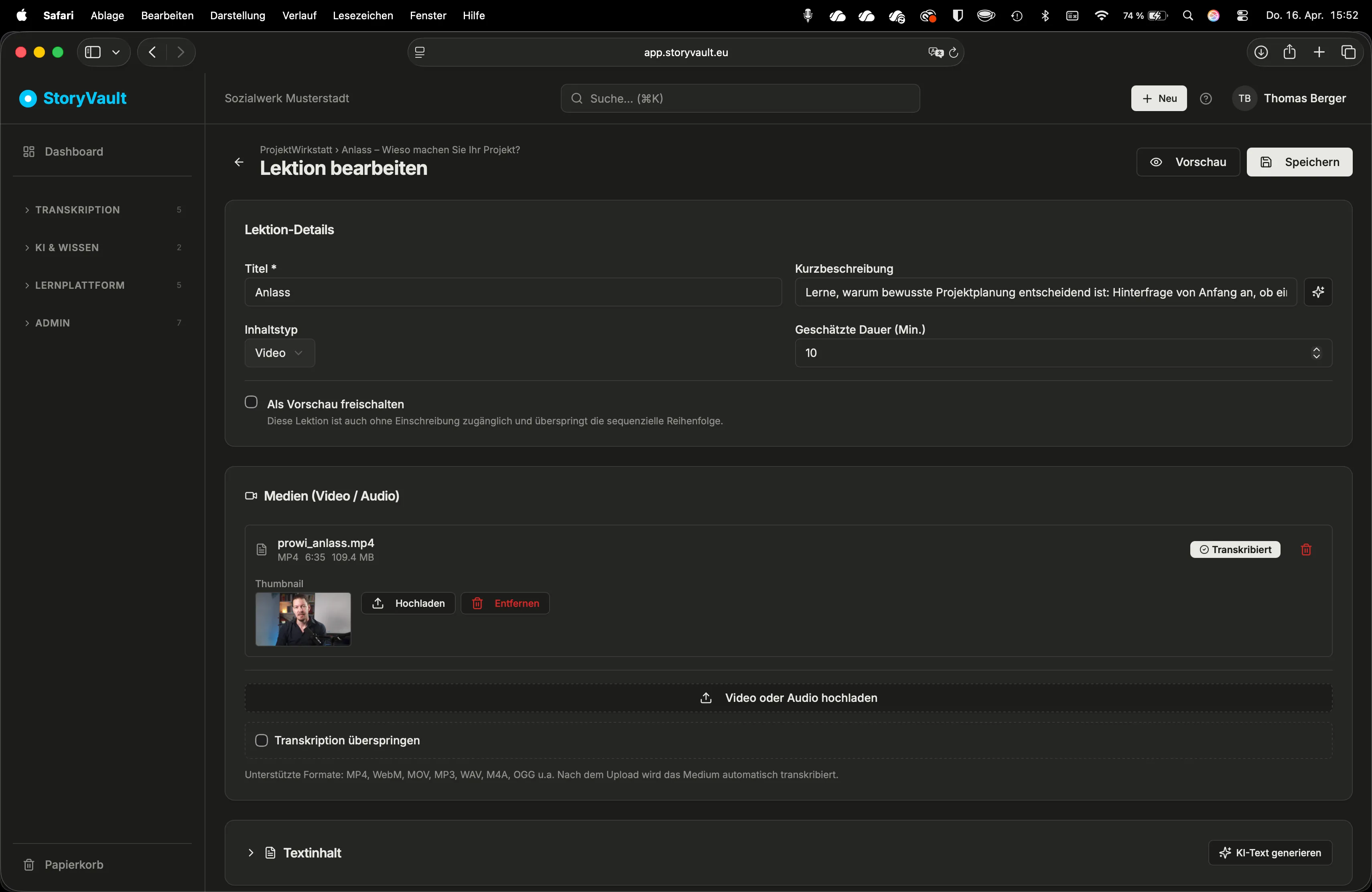Lektion bearbeiten: Details, Medien und Textinhalt