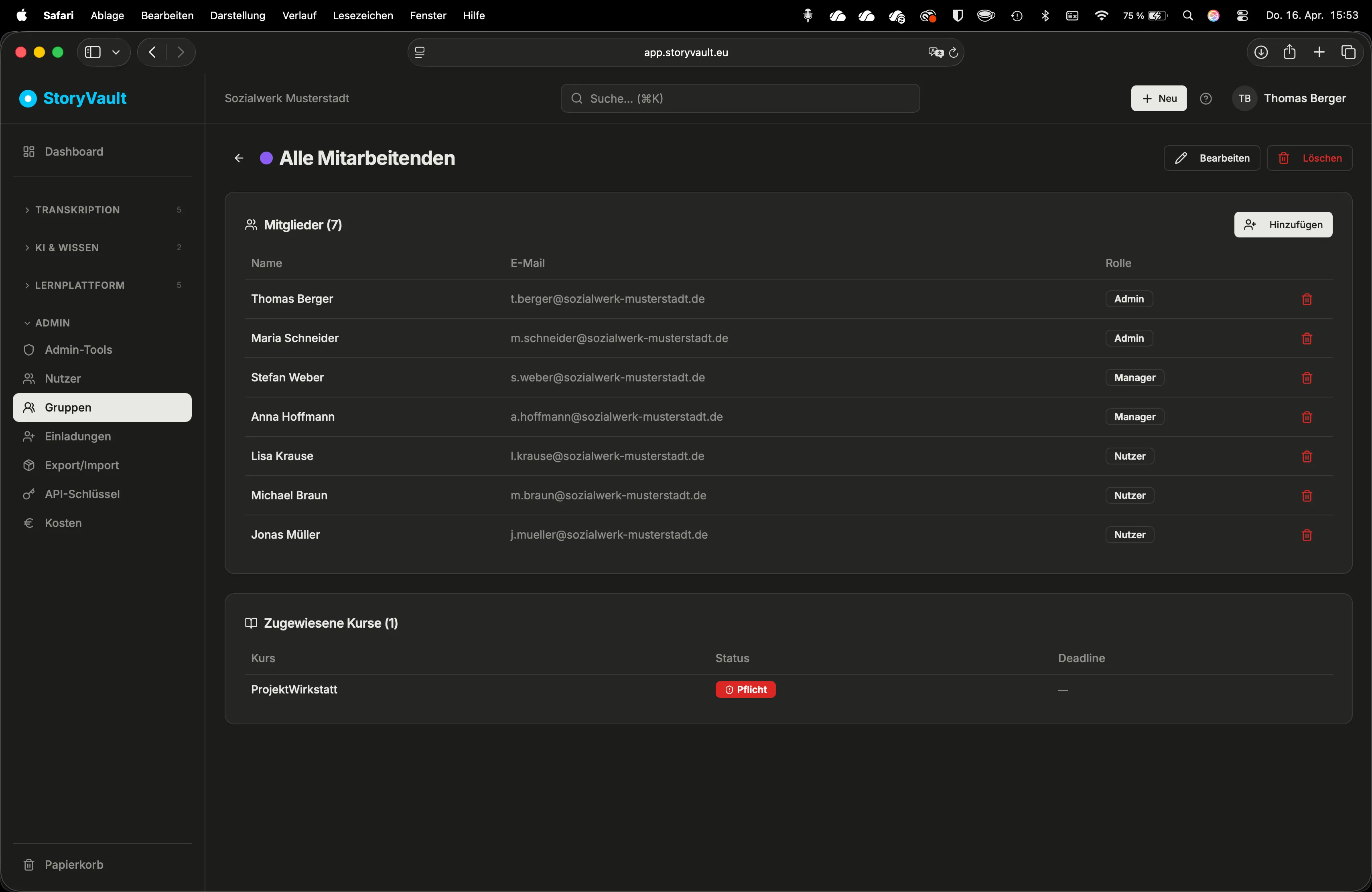 Gruppe: Mitgliederliste und zugewiesene Kurse