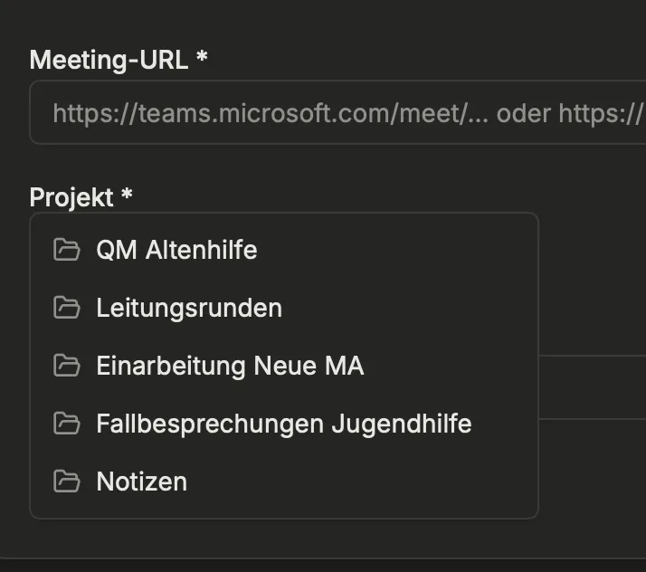 Meeting Bot: Projekt für die Aufnahme auswählen