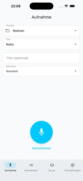 Aufnahme-Setup: Projekt, Typ und Titel wählen