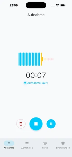 Aufnahme läuft — Pegel-Anzeige und Timer