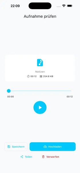 Aufnahme prüfen — Abspielen, Speichern oder Hochladen