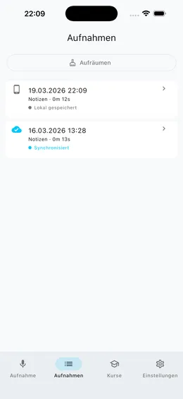 Aufnahmen-Liste mit Sync-Status