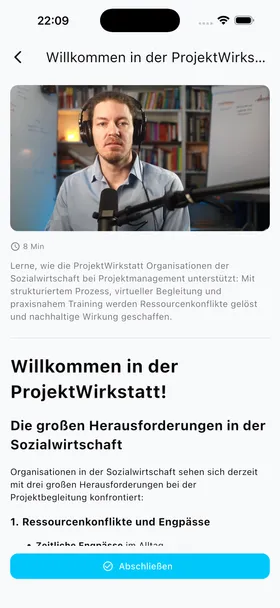 Lektion mit Video-Player und Inhalt