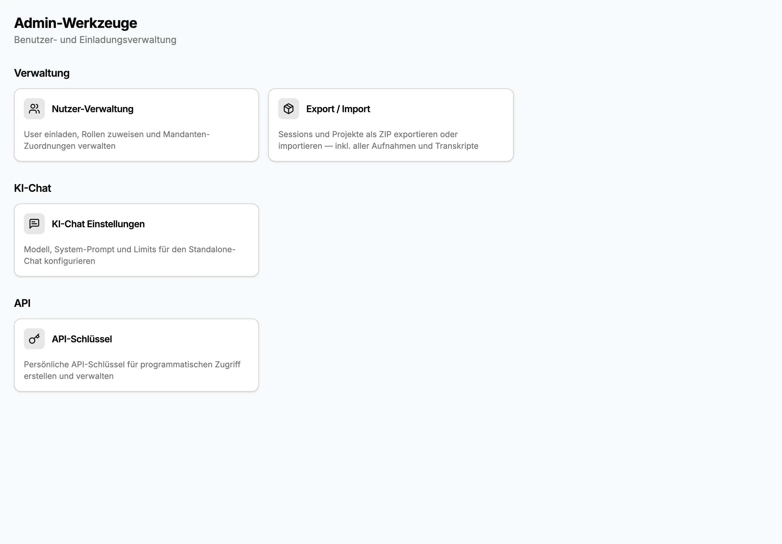 Admin-Werkzeuge: Verwaltung, KI-Chat und API