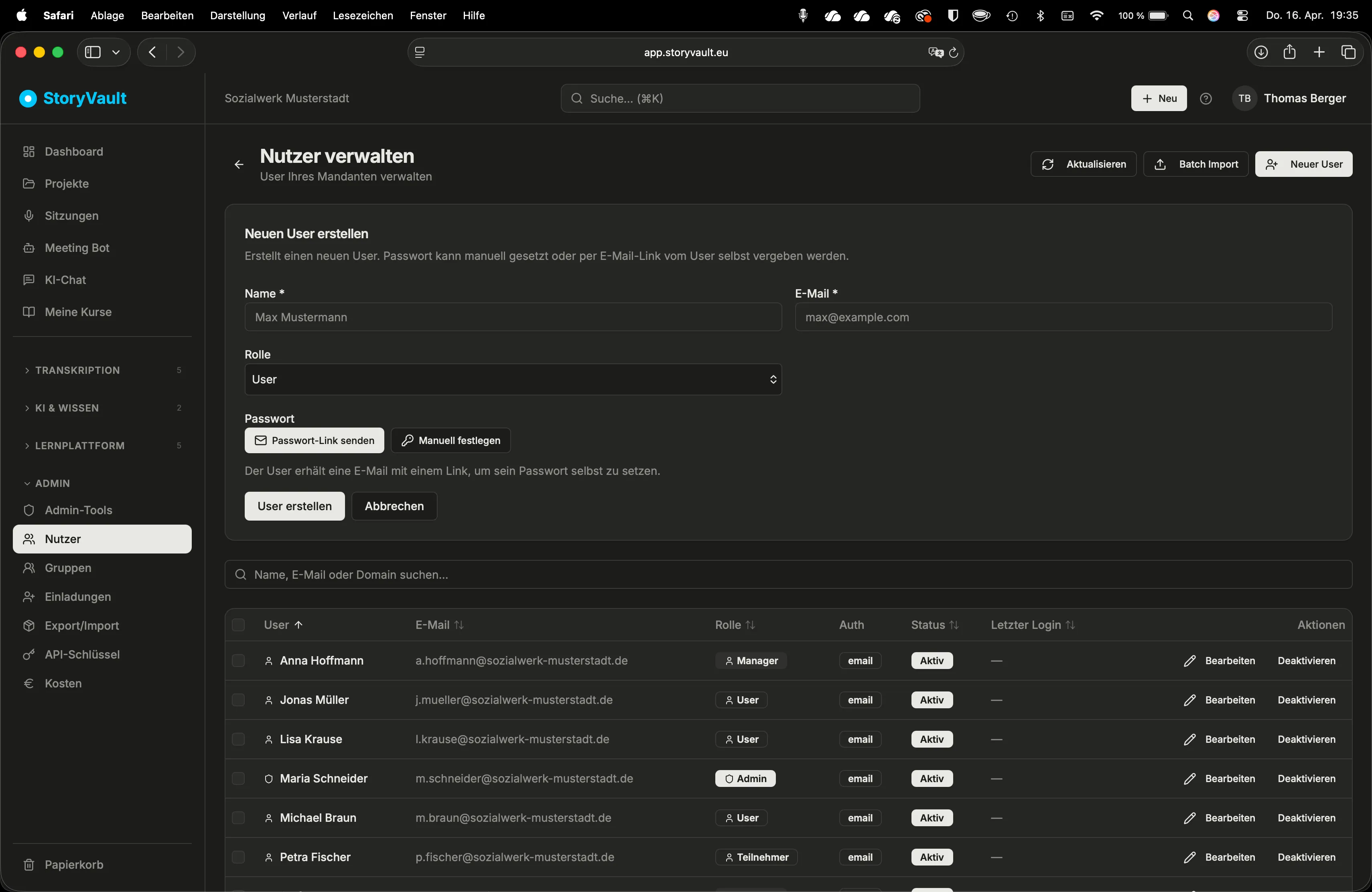 Neuen Nutzer anlegen: Name, E-Mail, Rolle und Passwort