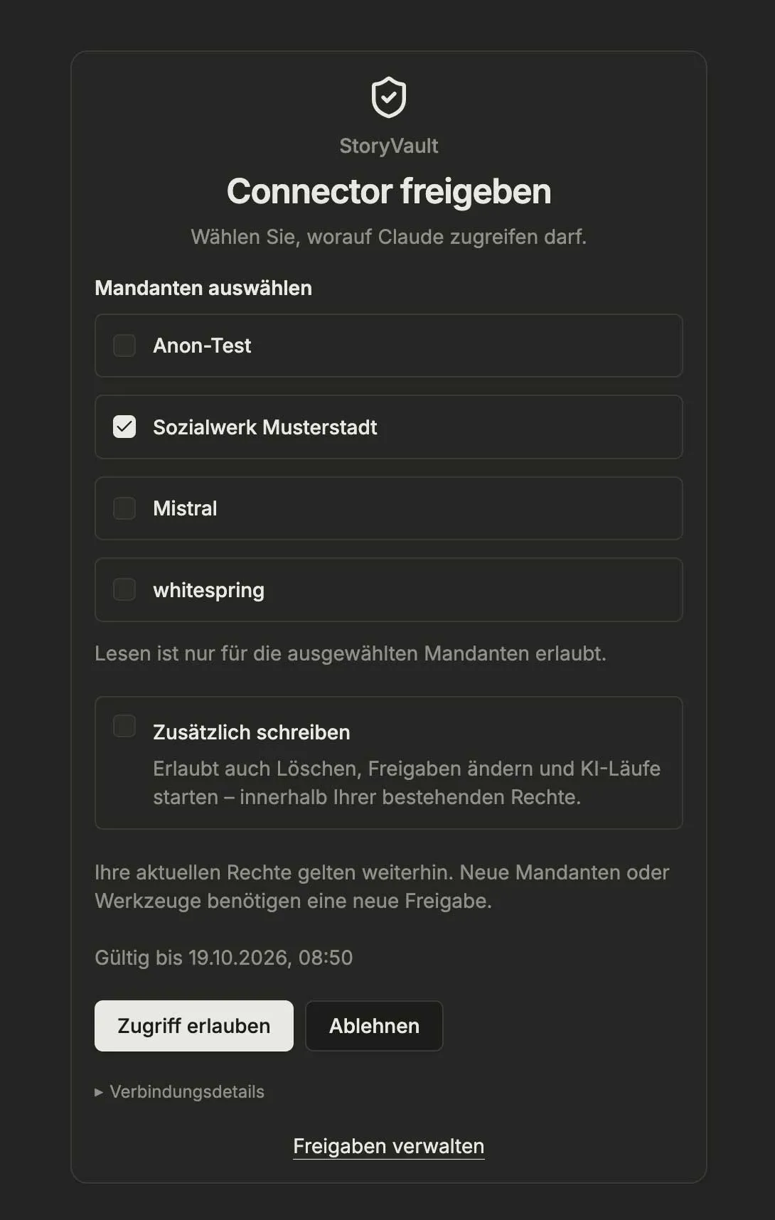 Freigabedialog für Claude: Sozialwerk Musterstadt ausgewählt, Schreibzugriff ausgeschaltet