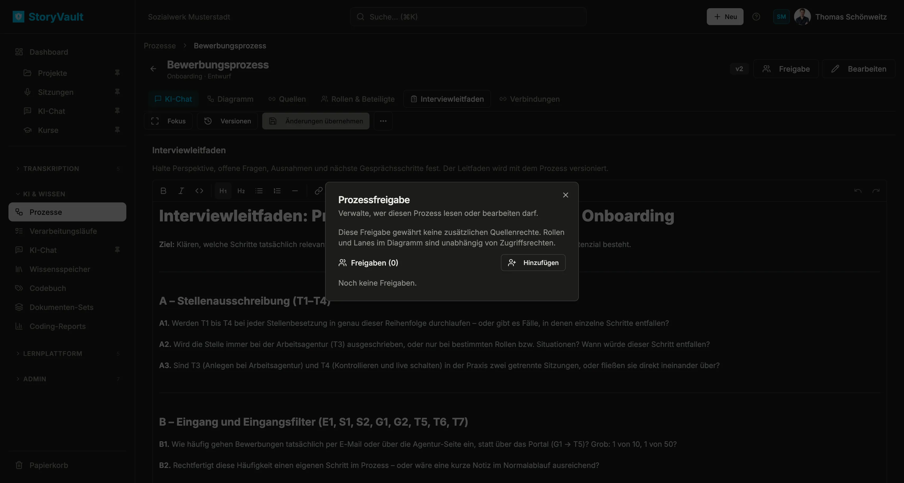 Dialog Prozessfreigabe im Beispielmandanten ohne bisherige Freigaben