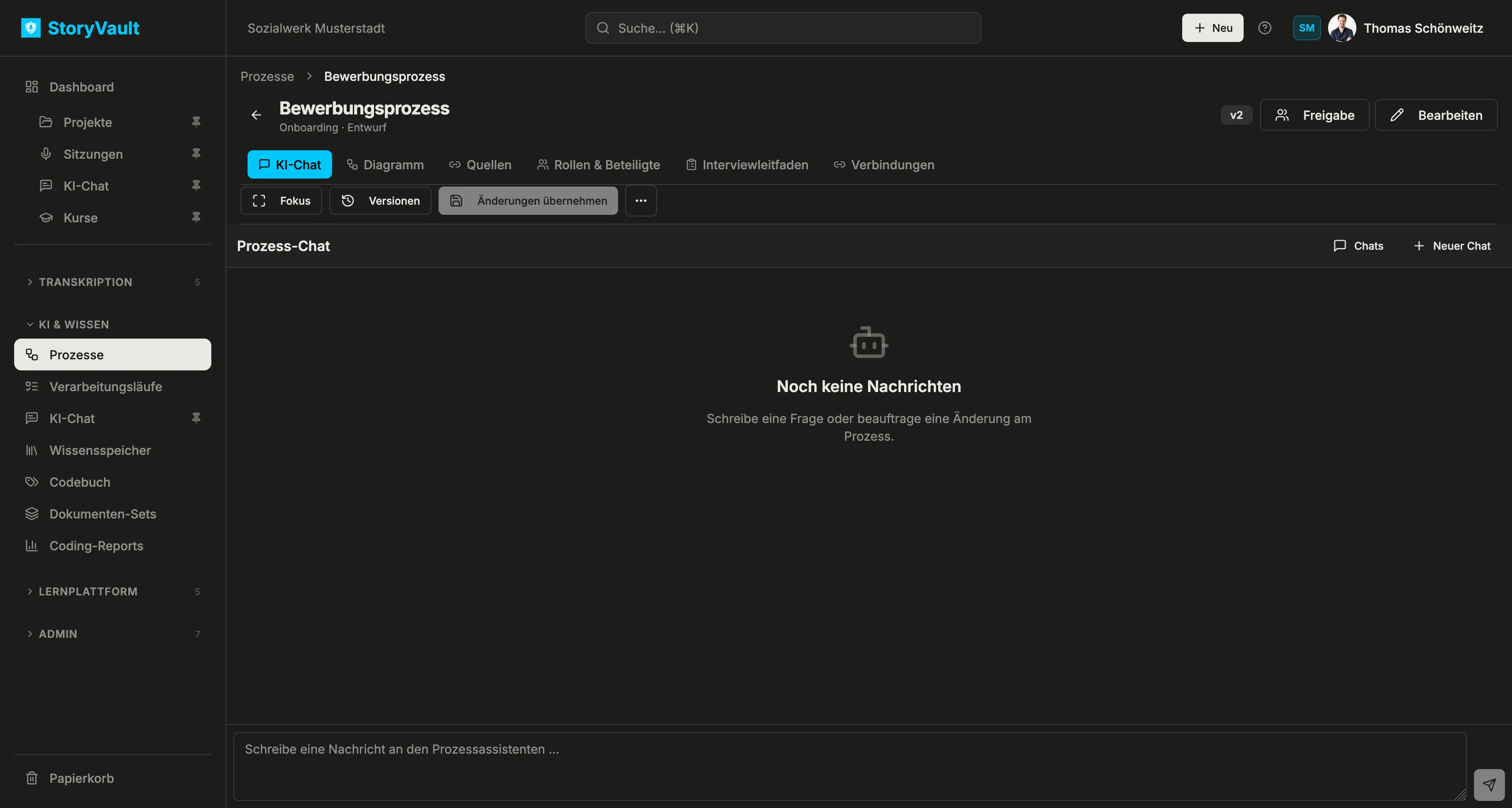Leerer Prozess-Chat mit Nachrichteneingabe und Schaltflächen für Chats und Neuer Chat