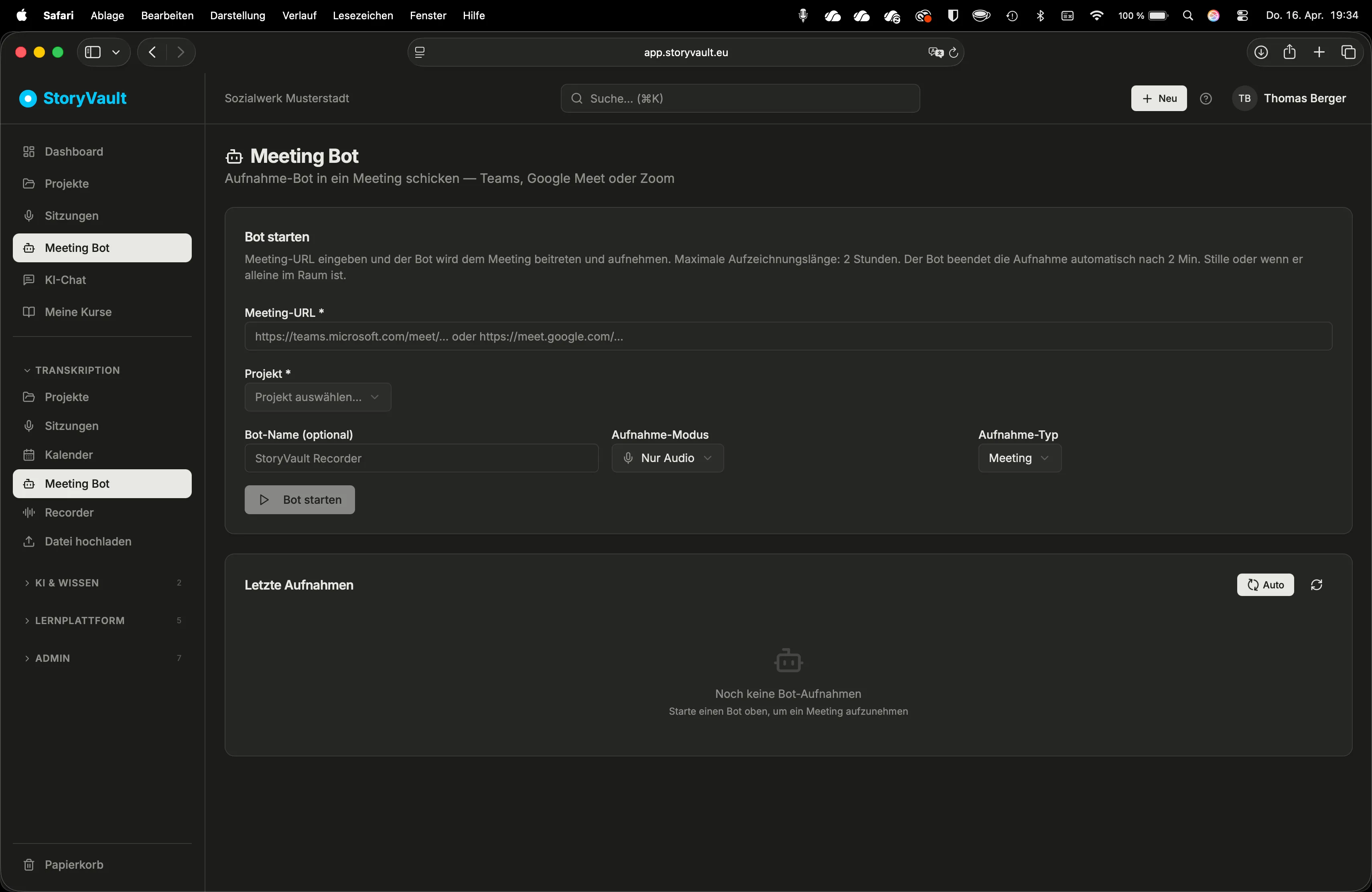 Meeting Bot: URL eingeben, Projekt und Aufnahme-Typ wählen