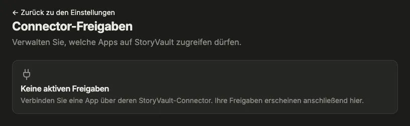 Connector-Freigaben in StoryVault mit dem Hinweis Keine aktiven Freigaben