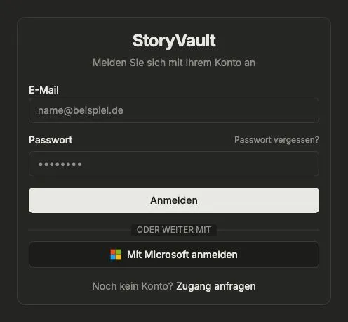 StoryVault-Anmeldung mit E-Mail, Passwort, Passwort-vergessen-Link und Microsoft-Anmeldung; die Eingabefelder sind leer