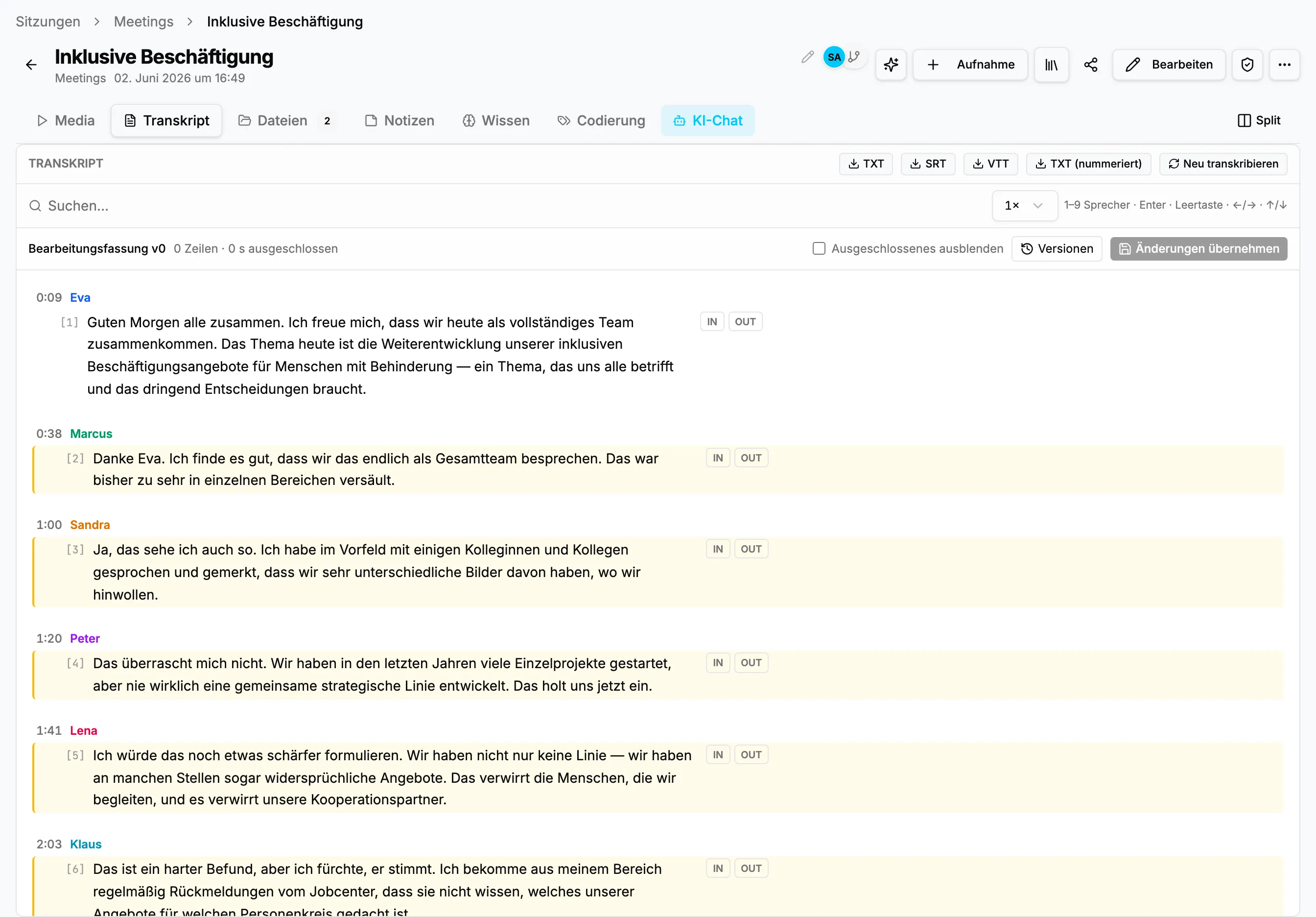 Transkript-Editor der Demo-Sitzung Inklusive Beschäftigung im Mandanten Sozialwerk Musterstadt