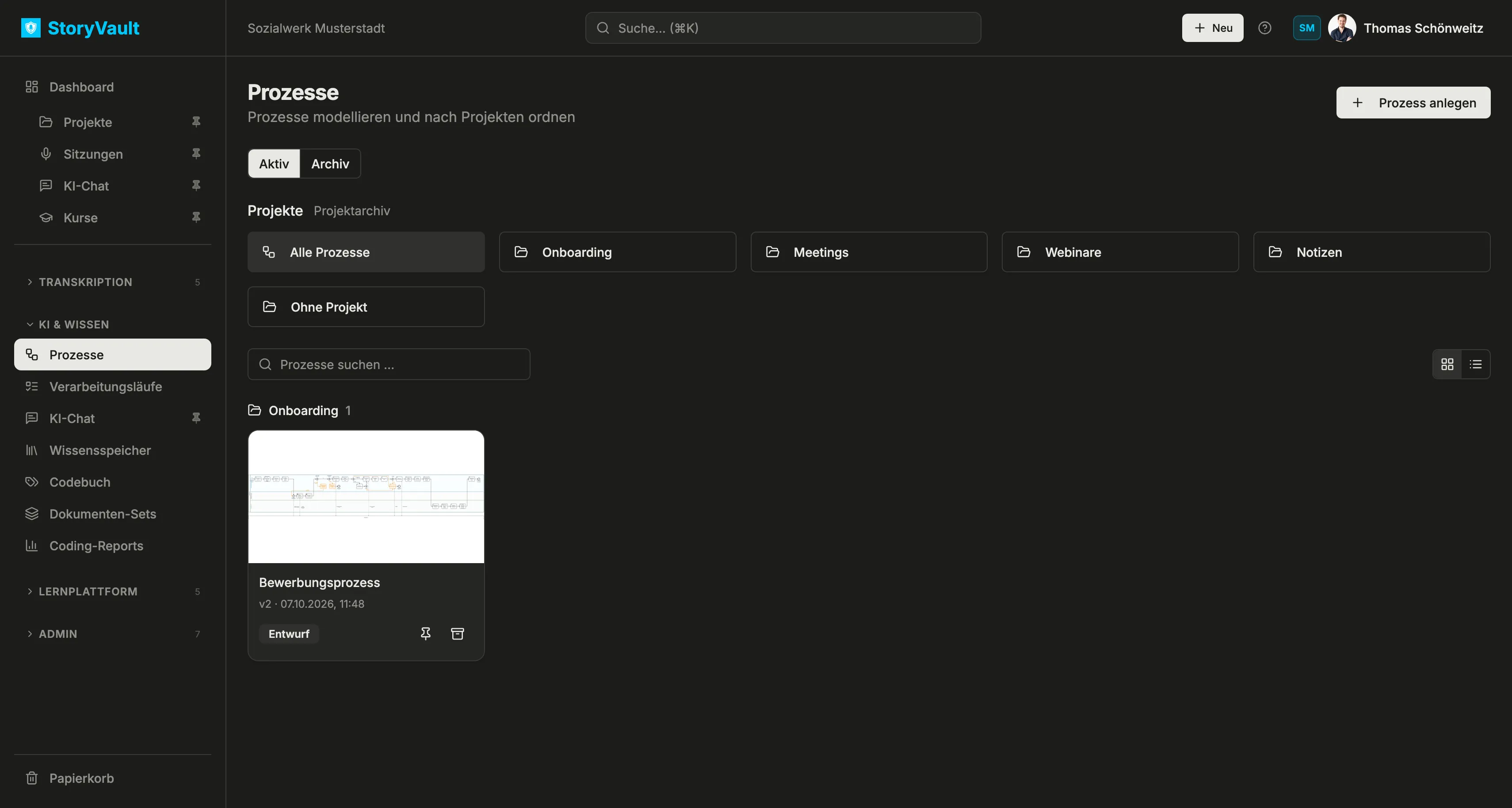 Prozessübersicht in Sozialwerk Musterstadt mit Projektfilter Onboarding und der Kachel Bewerbungsprozess